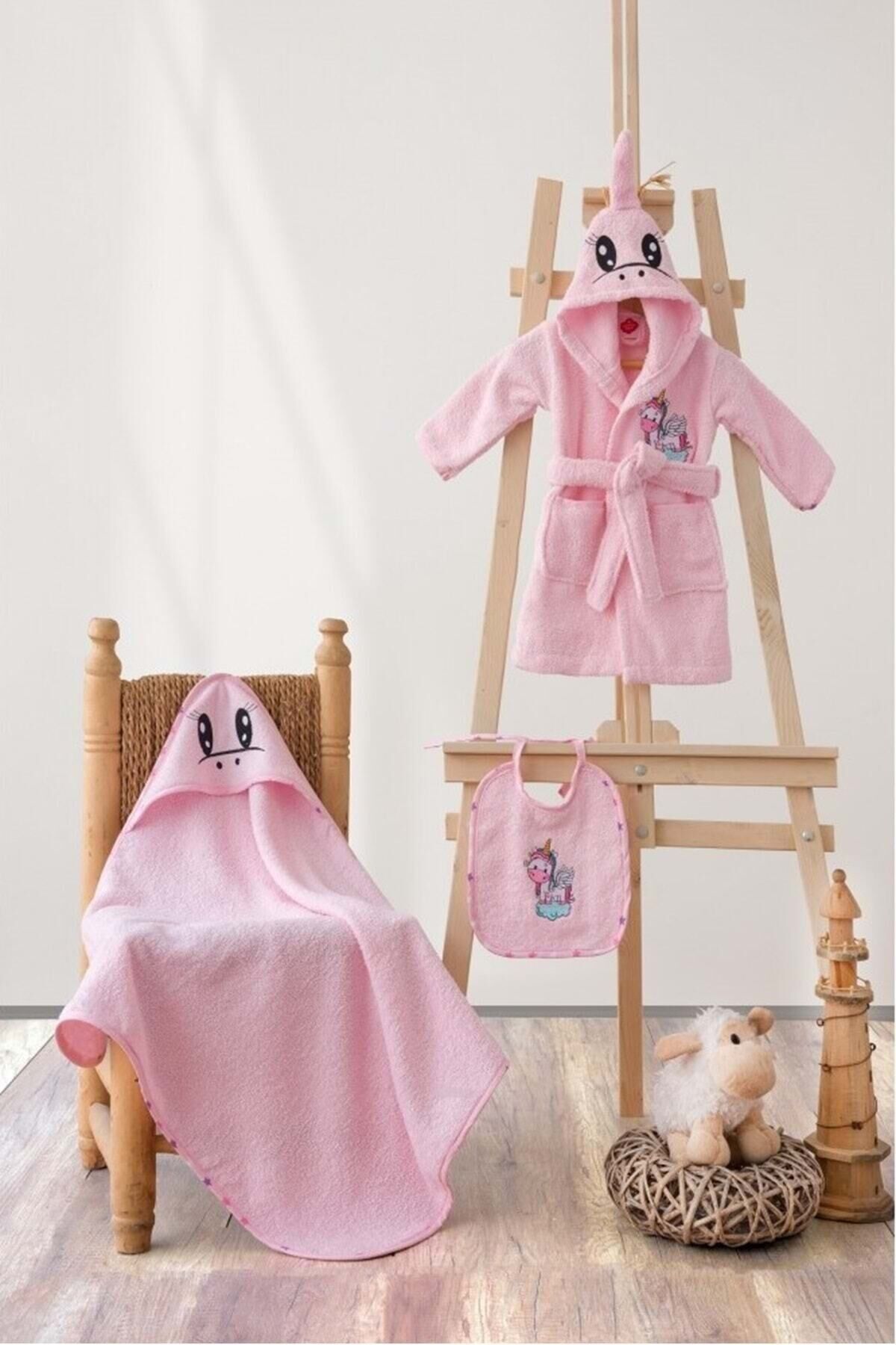 Bebek Banyo Seti (bornoz+kundak+önlük)-unicorn Pembe