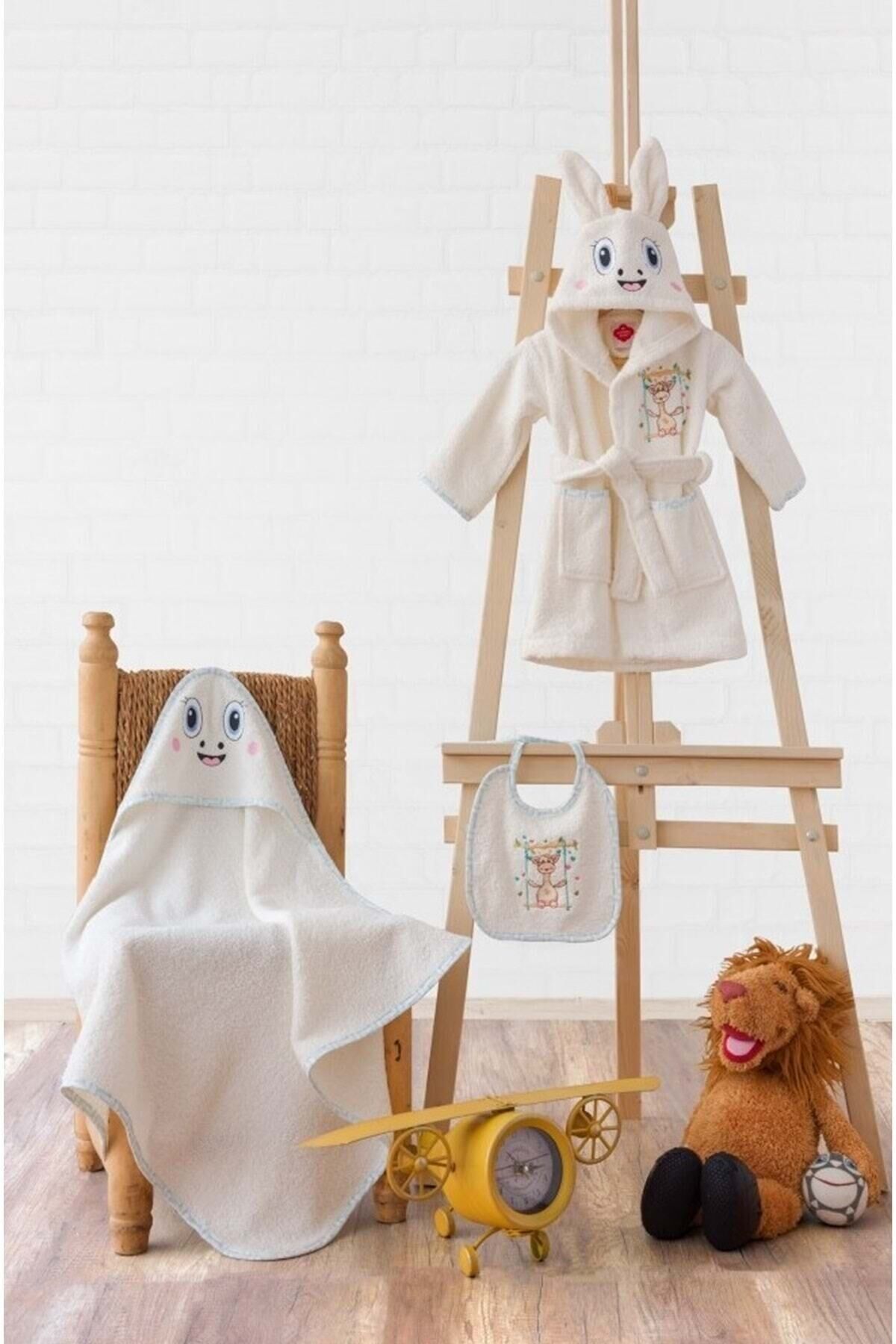 Bebek Banyo Seti (bornoz+kundak+önlük)-zürafa Krem