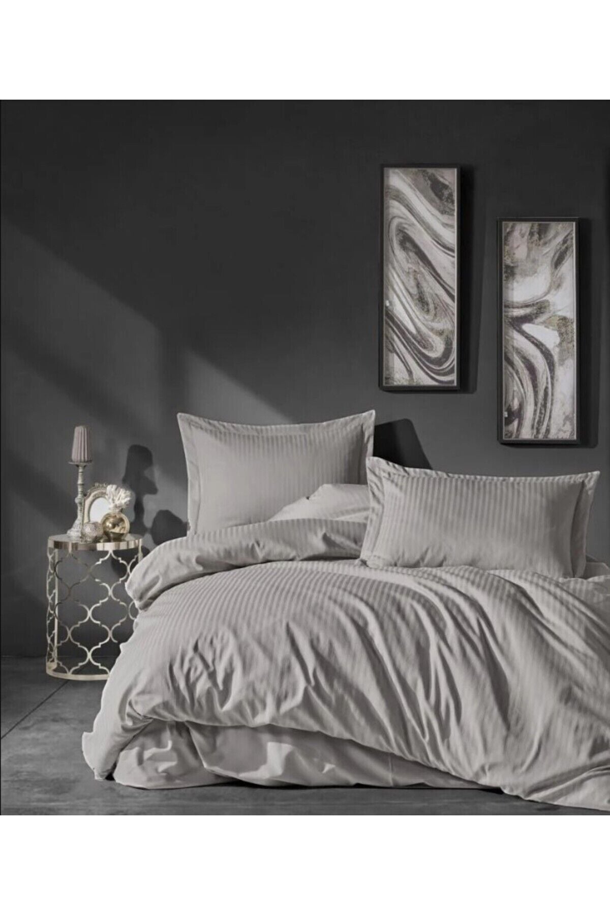 Elegant Stripe Saten Çift Kişilik Nevresim Takımı Bej