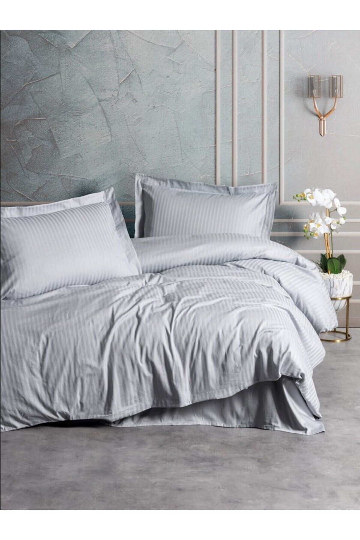 Elegant Stripe Saten Çift Kişilik Nevresim Takımı Bej