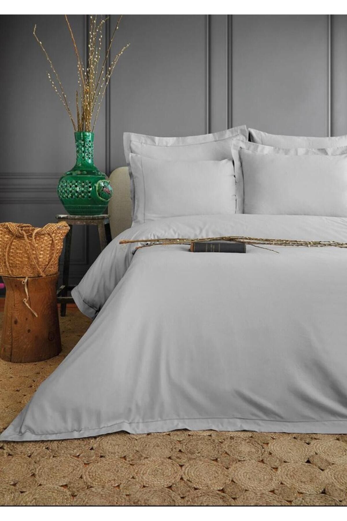 İSSİMO HOME Michele 300 TC (120 TEL) Dijital Pamuk Saten Gri Nevresim Takımı Çift Kişilik